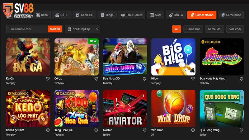 Sv88 17 Giao diện web game thời thượng